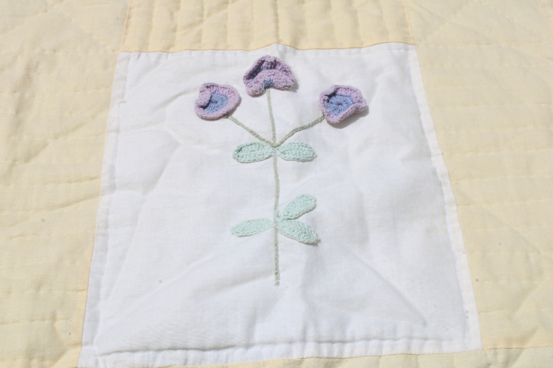 photo of pair of cottage garden flower bedspreads, crochet lace applique floral blocks yellow & white quilted cotton  #6