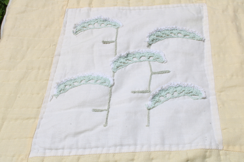 photo of pair of cottage garden flower bedspreads, crochet lace applique floral blocks yellow & white quilted cotton  #7