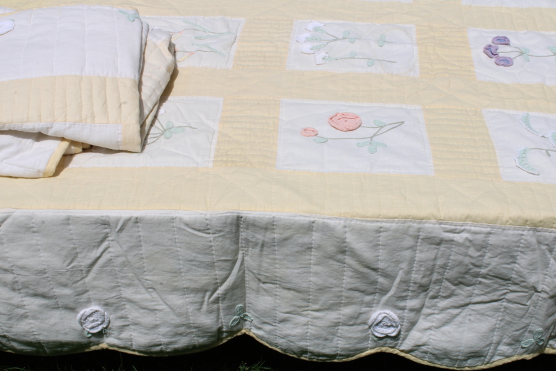 photo of pair of cottage garden flower bedspreads, crochet lace applique floral blocks yellow & white quilted cotton  #8
