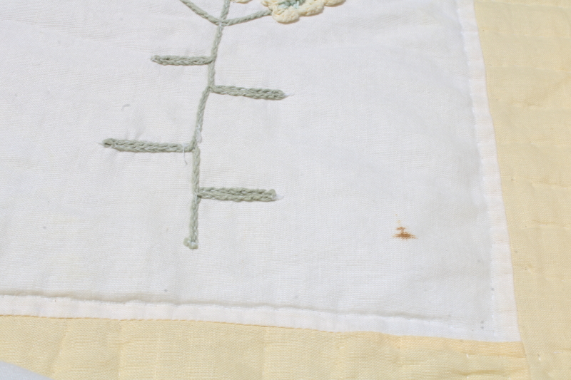 photo of pair of cottage garden flower bedspreads, crochet lace applique floral blocks yellow & white quilted cotton  #10