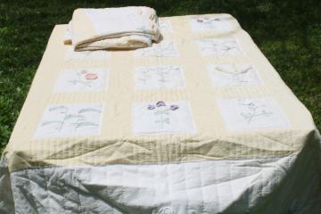 catalog photo of pair of cottage garden flower bedspreads, crochet lace applique floral blocks yellow & white quilted cotton 