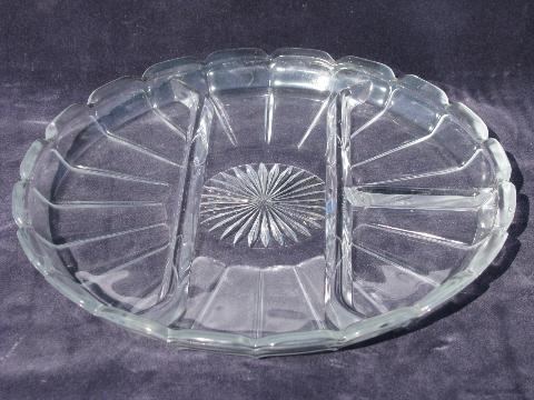 photo of pair of divided serving plates or relish trays, vintage pressed pattern glass #3