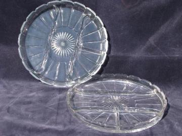 catalog photo of pair of divided serving plates or relish trays, vintage pressed pattern glass