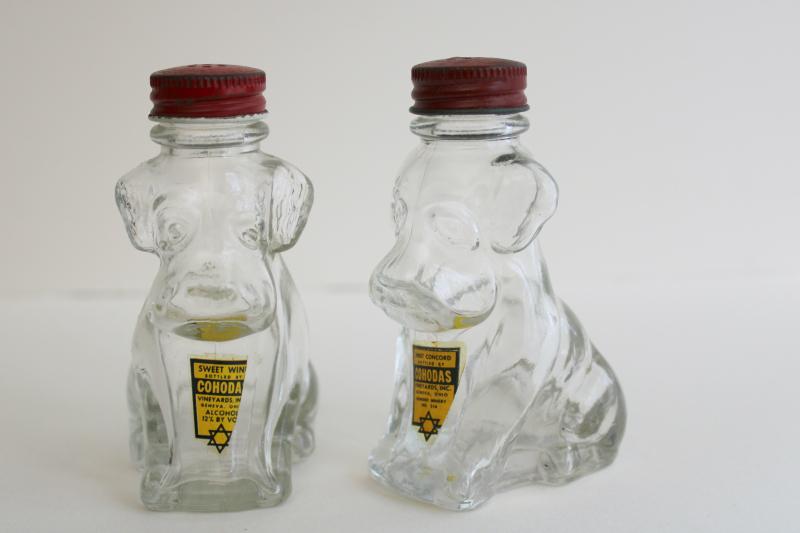 photo of pair of dog shakers figural glass bottles candy container liquor bottle label #1