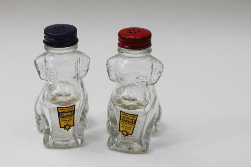 photo of pair of dog shakers figural glass bottles candy container liquor bottle label #1