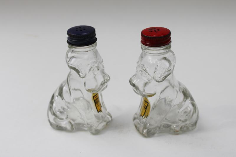 photo of pair of dog shakers figural glass bottles candy container liquor bottle label #2