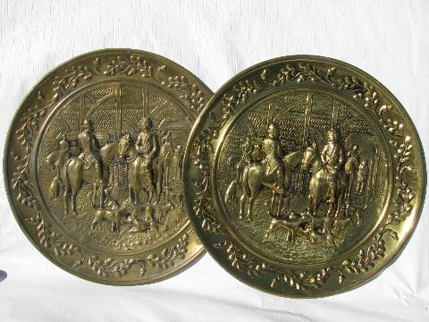 photo of pair of embossed solid brass chargers, hunt scene pattern, vintage England #1