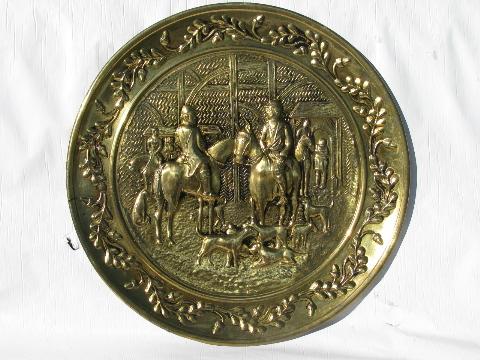 photo of pair of embossed solid brass chargers, hunt scene pattern, vintage England #2