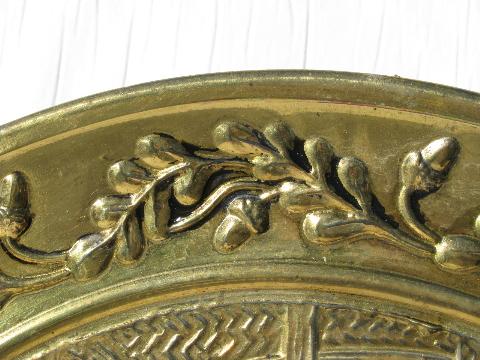 photo of pair of embossed solid brass chargers, hunt scene pattern, vintage England #4