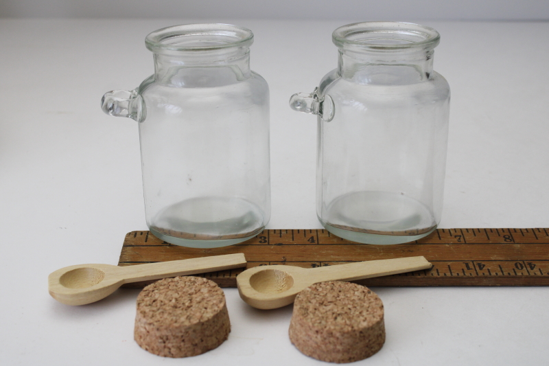 photo of pair of glass jam or honey pots w/ corks & tiny spoons, new old stock condiment jars  #2