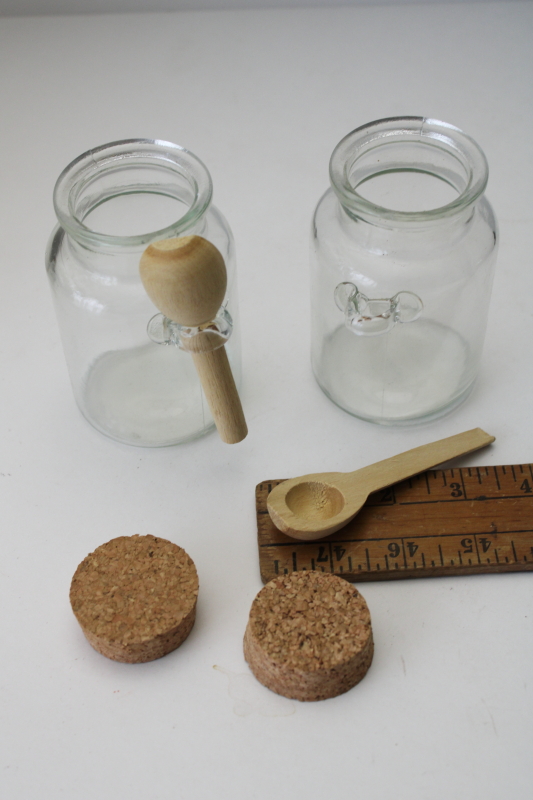 photo of pair of glass jam or honey pots w/ corks & tiny spoons, new old stock condiment jars  #3