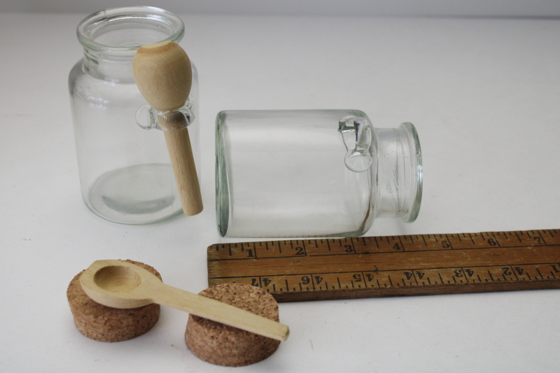 photo of pair of glass jam or honey pots w/ corks & tiny spoons, new old stock condiment jars  #4