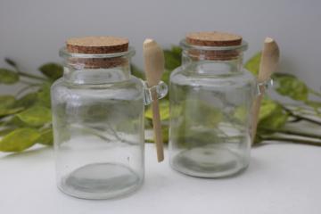 catalog photo of pair of glass jam or honey pots w/ corks & tiny spoons, new old stock condiment jars 
