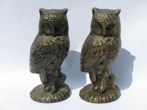 photo of pair of heavy bronze owl statues, vintage cast metal owls #1