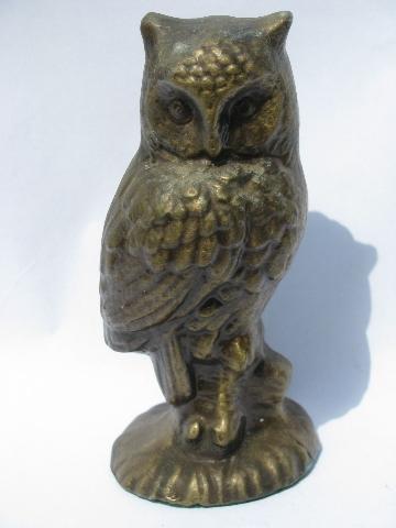 photo of pair of heavy bronze owl statues, vintage cast metal owls #2