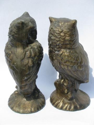 photo of pair of heavy bronze owl statues, vintage cast metal owls #3