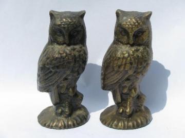 catalog photo of pair of heavy bronze owl statues, vintage cast metal owls