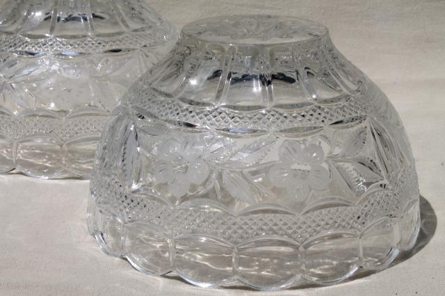 photo of pair of heavy cut crystal clear glass table lamps, vase bases w/ bowl shaped shades #3