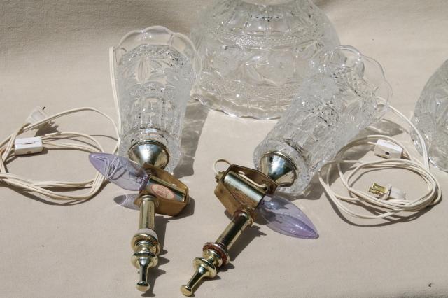 photo of pair of heavy cut crystal clear glass table lamps, vase bases w/ bowl shaped shades #5