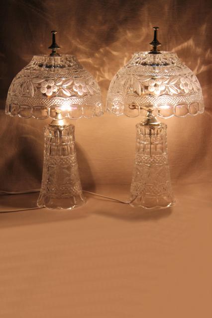 photo of pair of heavy cut crystal clear glass table lamps, vase bases w/ bowl shaped shades #6