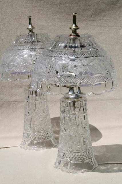 photo of pair of heavy cut crystal clear glass table lamps, vase bases w/ bowl shaped shades #8