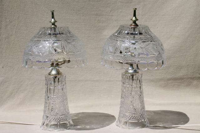 photo of pair of heavy cut crystal clear glass table lamps, vase bases w/ bowl shaped shades #9