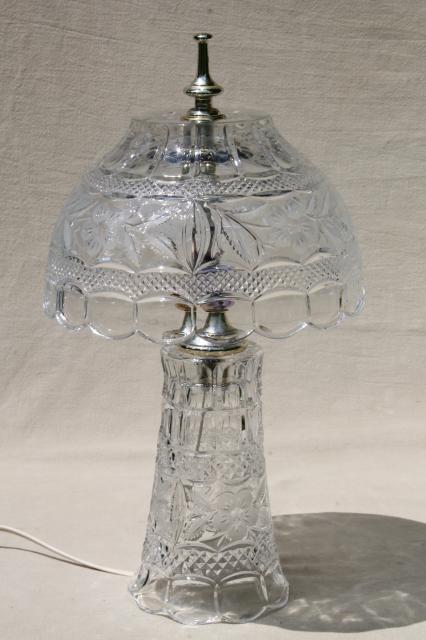 photo of pair of heavy cut crystal clear glass table lamps, vase bases w/ bowl shaped shades #10