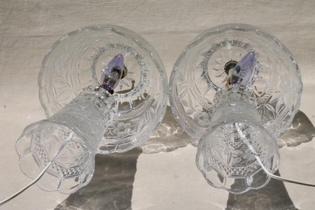 photo of pair of heavy cut crystal clear glass table lamps, vase bases w/ bowl shaped shades #11