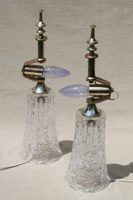 photo of pair of heavy cut crystal clear glass table lamps, vase bases w/ bowl shaped shades #12