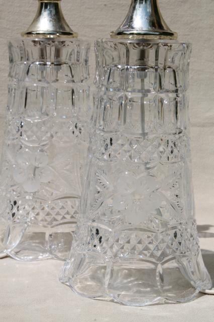 photo of pair of heavy cut crystal clear glass table lamps, vase bases w/ bowl shaped shades #13