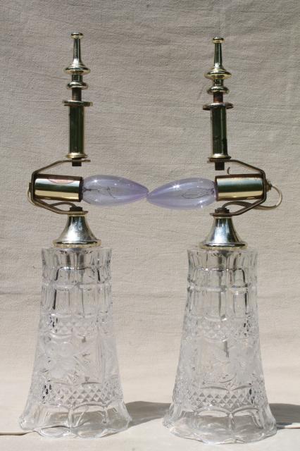 photo of pair of heavy cut crystal clear glass table lamps, vase bases w/ bowl shaped shades #14