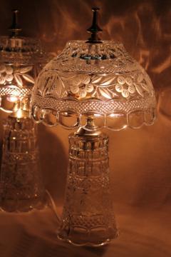 catalog photo of pair of heavy cut crystal clear glass table lamps, vase bases w/ bowl shaped shades