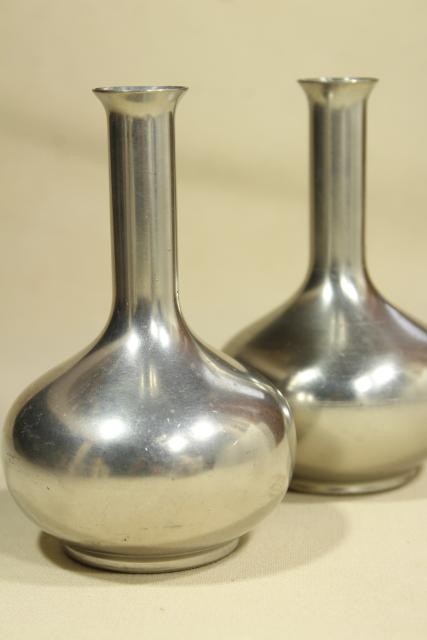 photo of pair of heavy pewter bud vases to hold a few flowers, mid century mod vintage #1