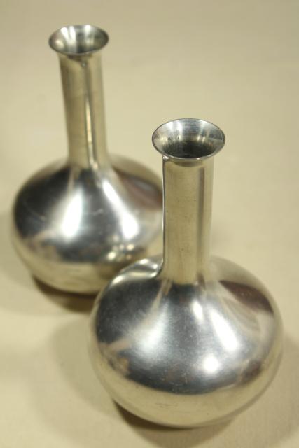 photo of pair of heavy pewter bud vases to hold a few flowers, mid century mod vintage #10