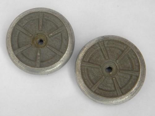 photo of pair of industrial machine-age vintage aluminum hand wheels or handles #1