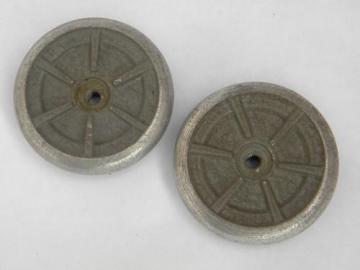 catalog photo of pair of industrial machine-age vintage aluminum hand wheels or handles