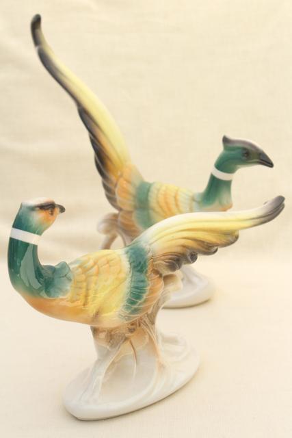 photo of pair of large china bird figures, vintage painted ceramic pheasants, fireplace mantle decor #1