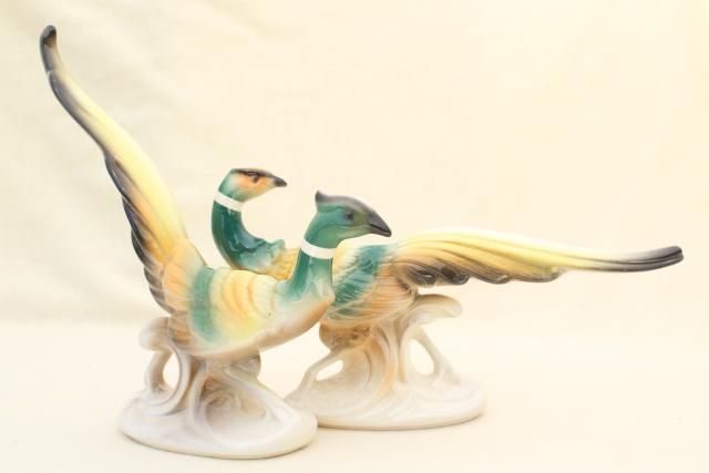 photo of pair of large china bird figures, vintage painted ceramic pheasants, fireplace mantle decor #3