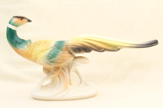 photo of pair of large china bird figures, vintage painted ceramic pheasants, fireplace mantle decor #4