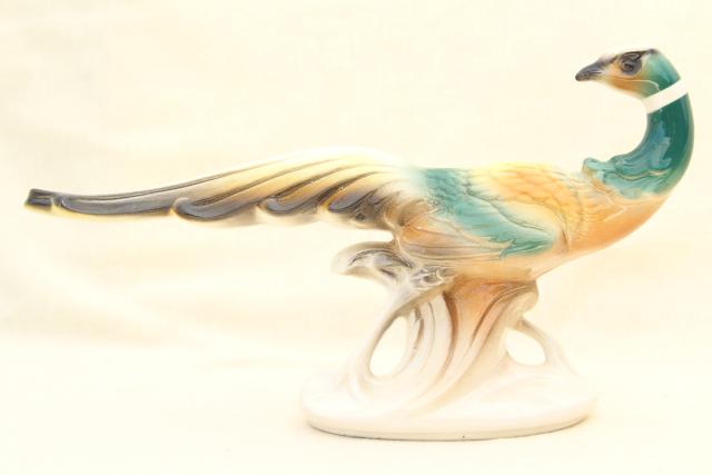 photo of pair of large china bird figures, vintage painted ceramic pheasants, fireplace mantle decor #5