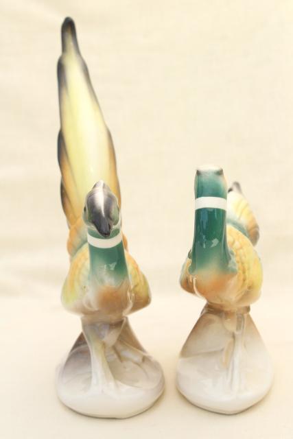 photo of pair of large china bird figures, vintage painted ceramic pheasants, fireplace mantle decor #6