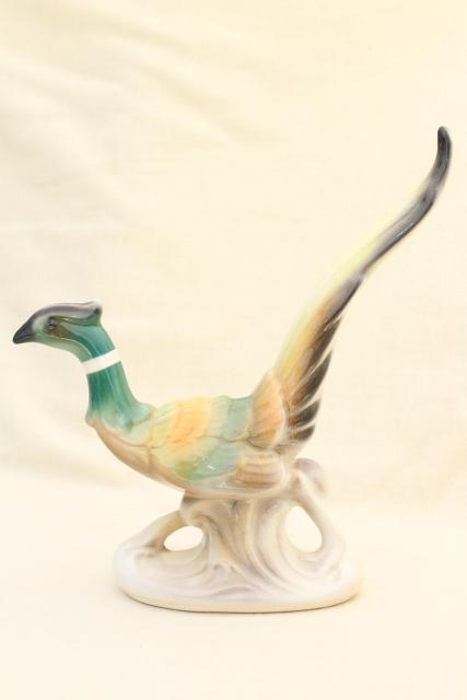 photo of pair of large china bird figures, vintage painted ceramic pheasants, fireplace mantle decor #7