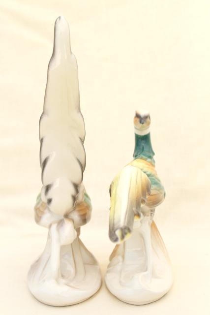 photo of pair of large china bird figures, vintage painted ceramic pheasants, fireplace mantle decor #9