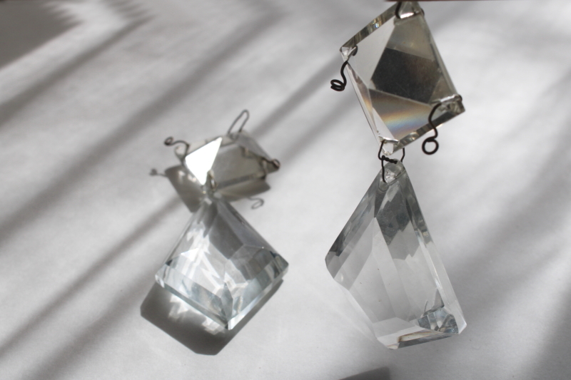 photo of pair of large old crystal lamp prisms, diamond teardrops w/ square pyramid beads #1