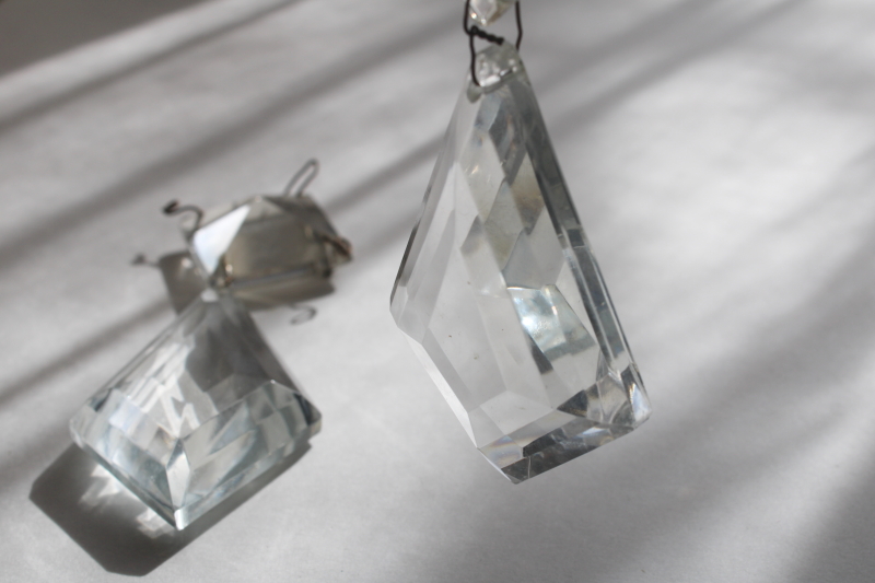 photo of pair of large old crystal lamp prisms, diamond teardrops w/ square pyramid beads  #2