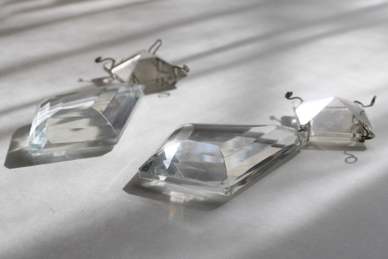 photo of pair of large old crystal lamp prisms, diamond teardrops w/ square pyramid beads  #3
