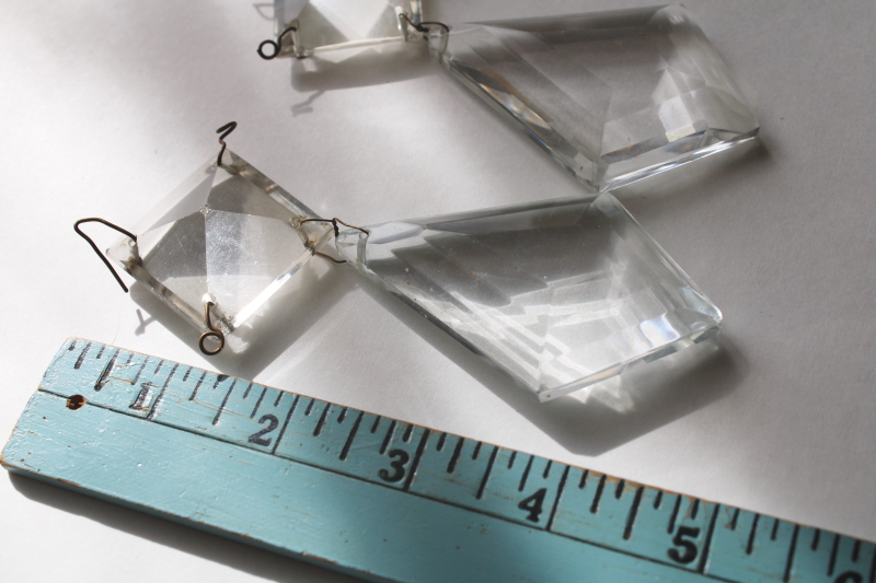 photo of pair of large old crystal lamp prisms, diamond teardrops w/ square pyramid beads  #4