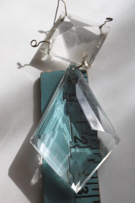 photo of pair of large old crystal lamp prisms, diamond teardrops w/ square pyramid beads  #5