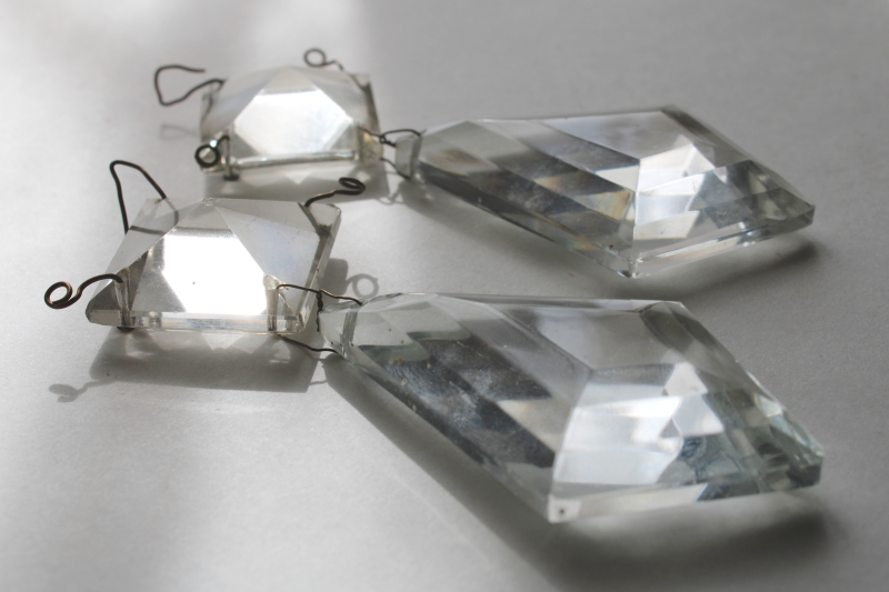 photo of pair of large old crystal lamp prisms, diamond teardrops w/ square pyramid beads  #6