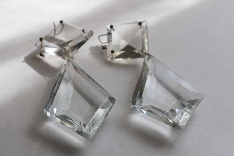 photo of pair of large old crystal lamp prisms, diamond teardrops w/ square pyramid beads  #7